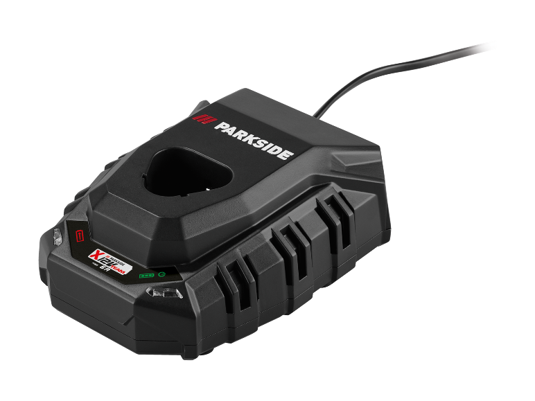 Black battery charger with red and green indicators.