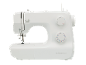 White sewing machine with stitch and length selection dials.