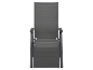 Dark grey garden chair with armrests on a black background.