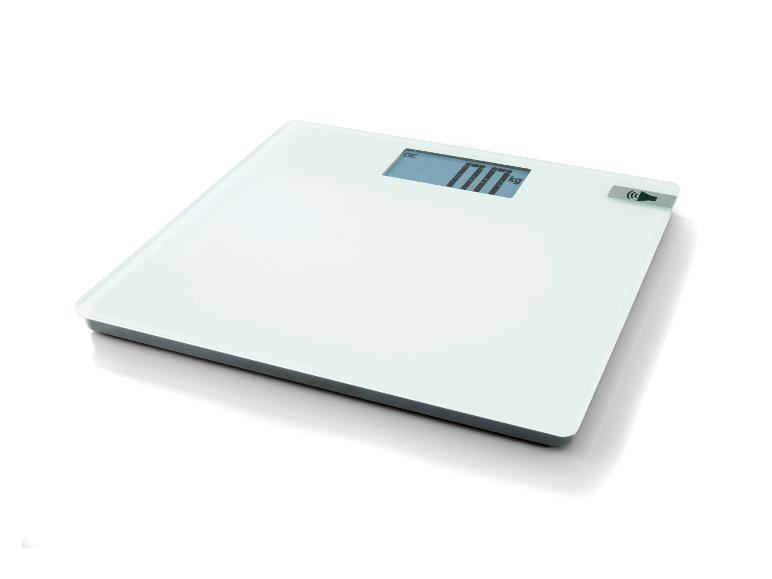 White digital bathroom scale with a display showing '0.0 kg' and a speaker icon.