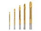 Five golden HSS drill bits of varying diameters with serrated edges.