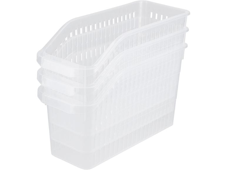 Clear plastic storage baskets, stacked inside one another.