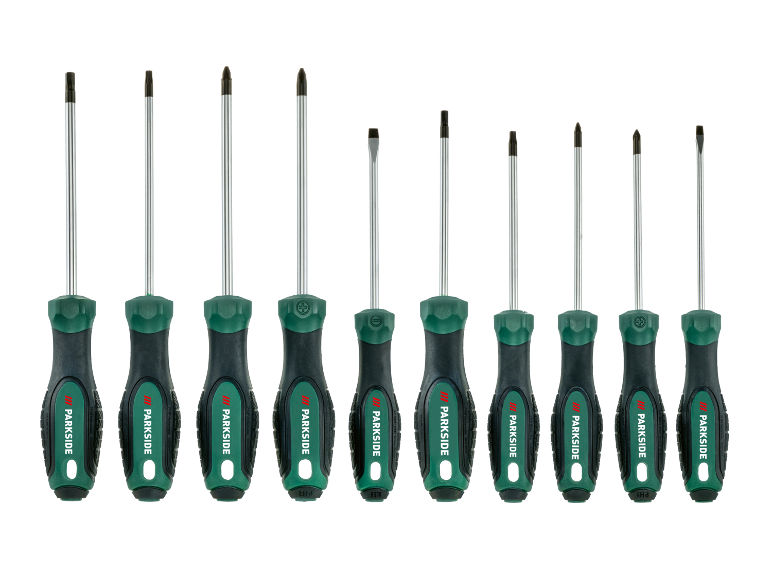 Set of 12 screwdrivers with ergonomic green and black handles, including flat and Phillips tips.