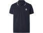 Navy blue men's polo shirt with white stripes on the collar and sleeves, with an embroidered logo.
