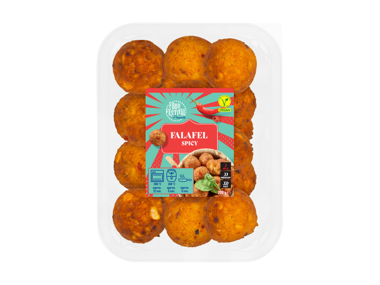 Vegan spicy falafels in a transparent package, ready to cook.