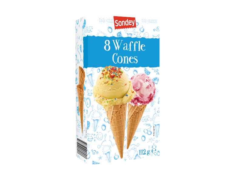 Packaging of 8 waffle cones with vanilla and strawberry ice cream.