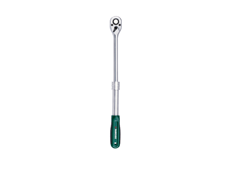 Silver ratchet wrench with a green and black handle.