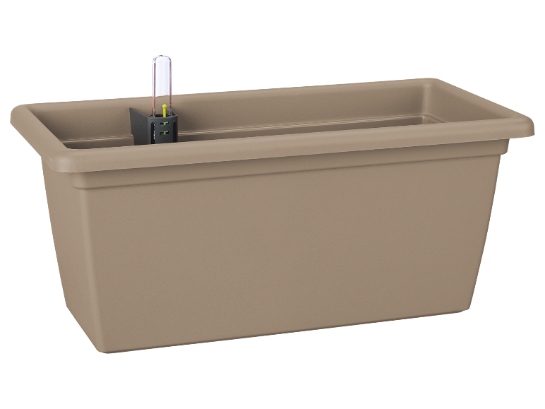 Beige rectangular planter with a water level indicator.