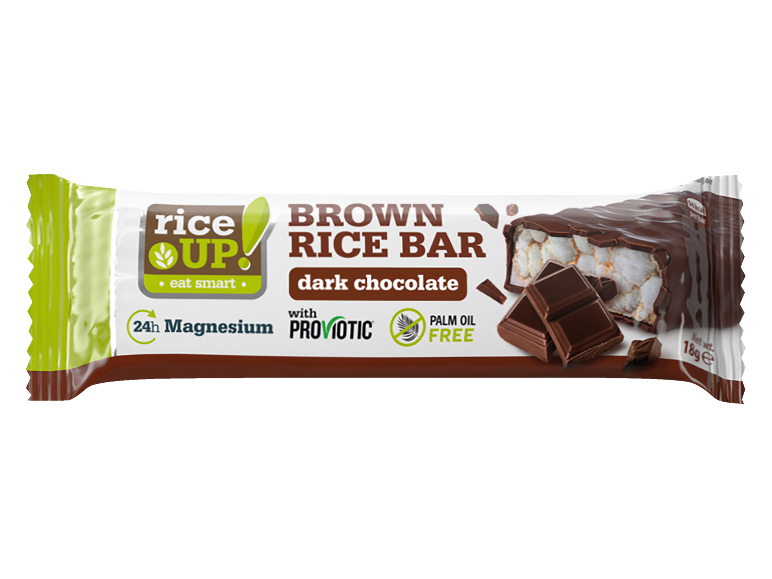 Brown rice bar with dark chocolate, enriched with magnesium and probiotics, palm oil free.
