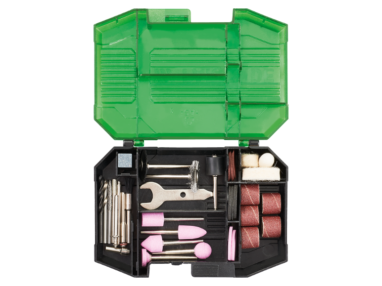 Rotary tool accessory kit with drill bits, brushes, grinding stones, and sanding bands in a green case.