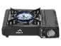 Black portable gas stove with a lit blue flame