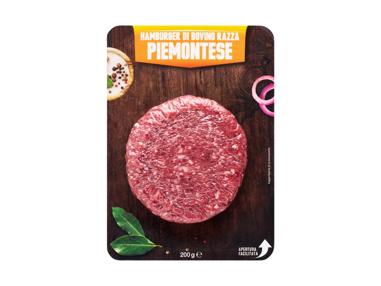Raw beef burger with herbs and spices, 200g, packaged.