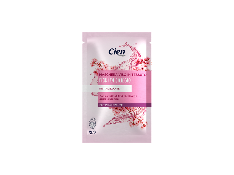 Revitalizing fabric face mask with cherry blossom and hyaluronic acid for dull skin.