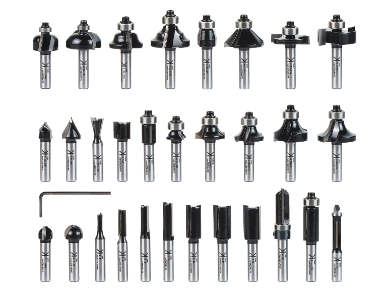 Parkside 30-piece router bit set for plunge routers, displayed on a black background.