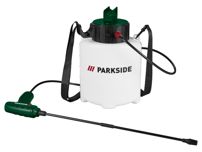 White garden sprayer with black straps and a green spray nozzle.