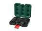 Set of black impact socket wrenches in an open green case with a red clasp.
