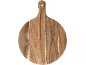 Round wooden cutting board with a handle and a metal hanging hole