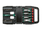 Screwdriver set with various bits and precision screwdrivers in a black case.