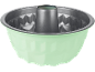 Light green baking pan with a black interior and an embossed pattern.