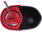 Red microfiber mop with black bucket, viewed from above.