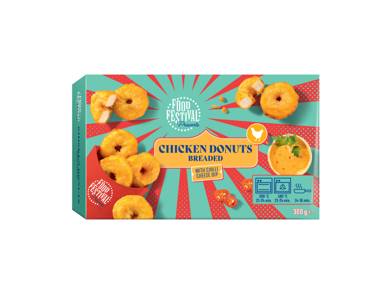 Box of breaded chicken donuts with chili cheese dip, cooking instructions.