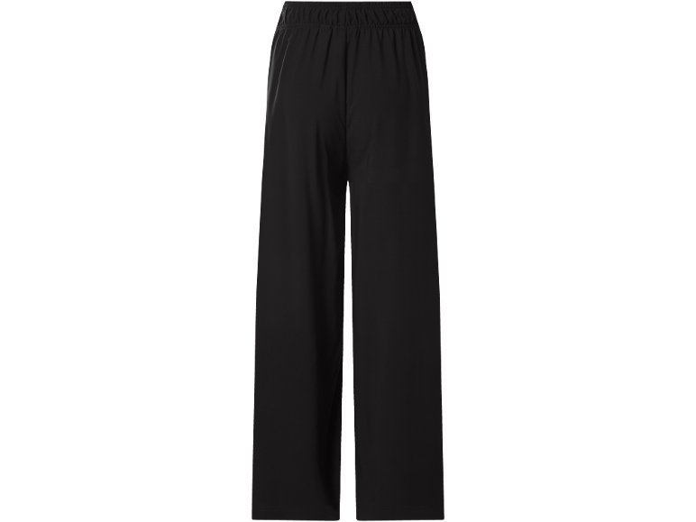 Black wide-leg trousers with elasticated waist, back view.