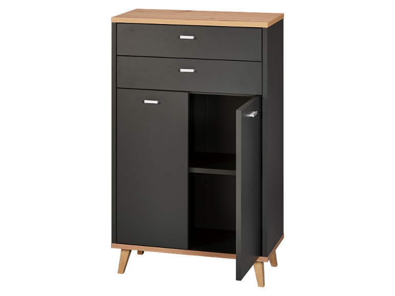 Dark grey chest of drawers with a wooden top, three drawers, and a cabinet with a shelf.