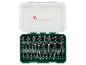 A set of 37 router bits in a green case with a transparent lid.