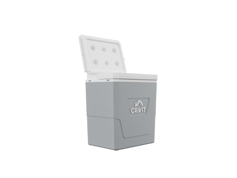 Light gray cooler with an open lid and indentations for drinks.