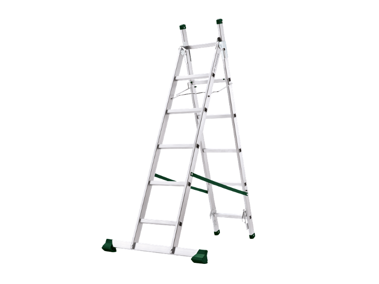 Foldable aluminum ladder with green details, in an 'A' position.