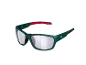 Green sports sunglasses with red details and silver mirrored lenses.