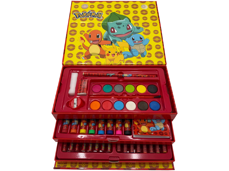A multi-layered art set featuring popular cartoon characters, including paints, crayons, and pencils.