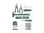 Assortment of hand tools including hammer, pliers, screwdrivers, and tape measure.