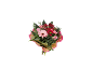 Bouquet of pink and red mixed flowers with gerberas and chrysanthemums, wrapped in brown paper.