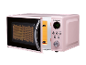 Pink microwave oven with an open door and a digital display showing 14:00.
