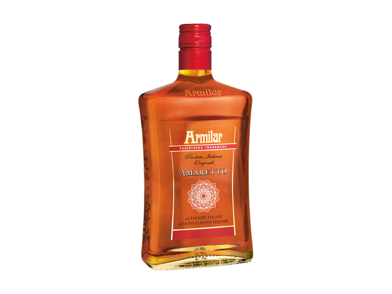 Bottle of amaretto almond flavour liqueur, with a red and gold label.