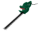 Green electric hedge trimmer with a long blade and a black power cable.