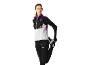 Woman stretching, wearing a black and white sports vest, long-sleeved top, and black leggings.