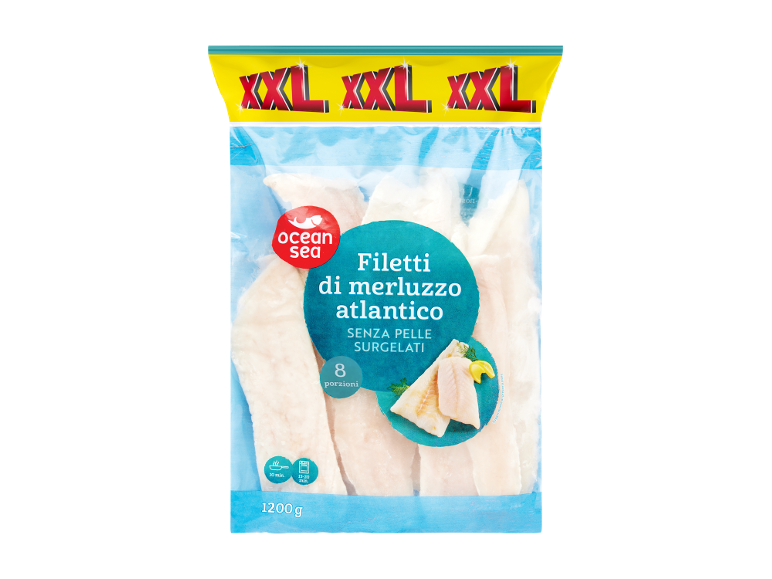 Pack of skinless frozen Atlantic cod fillets, 8 portions, 1200g.