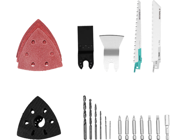 Assortment of power tool accessories including sanding pads, saw blades, drill bits, and screwdriver bits.