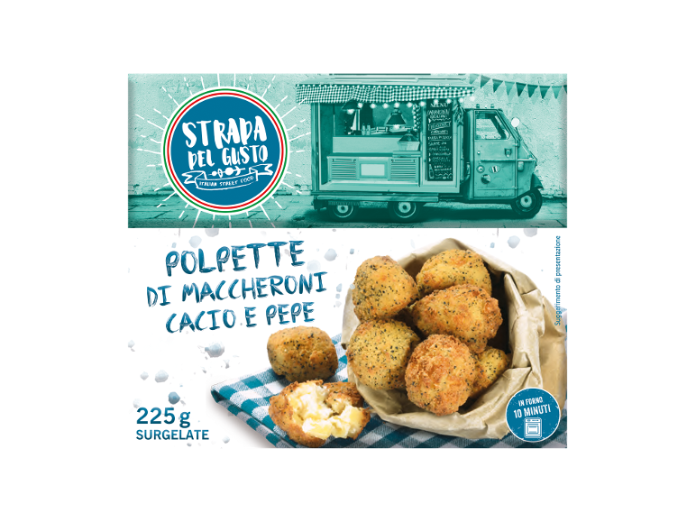 Macaroni polpette cacio e pepe, 225g, frozen, ready in 10 minutes in the oven.