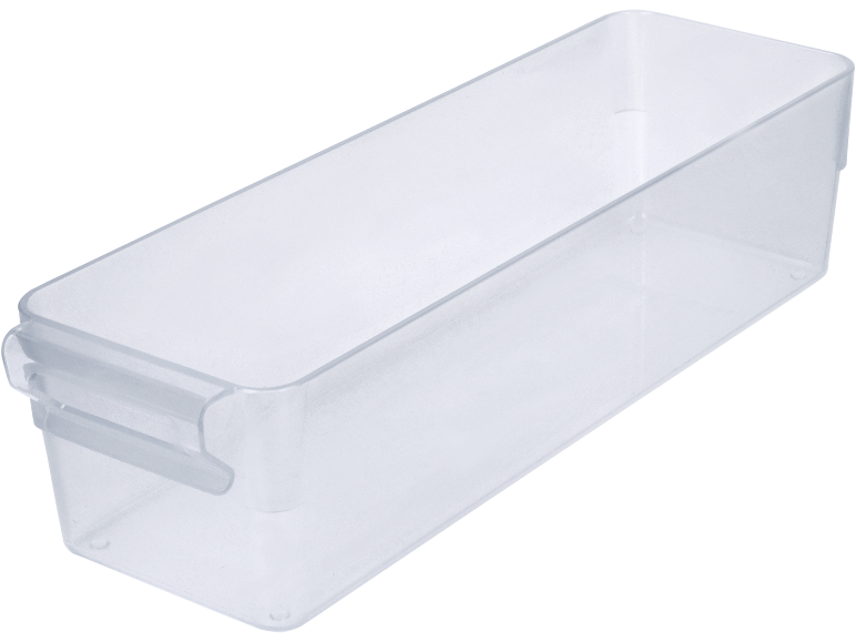 Transparent plastic organizer container for fridge or pantry.