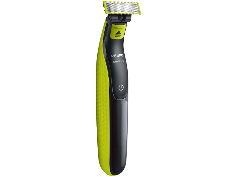 Green and black electric shaver with a precision blade and power button.