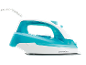 Turquoise and white steam iron with a power cable.