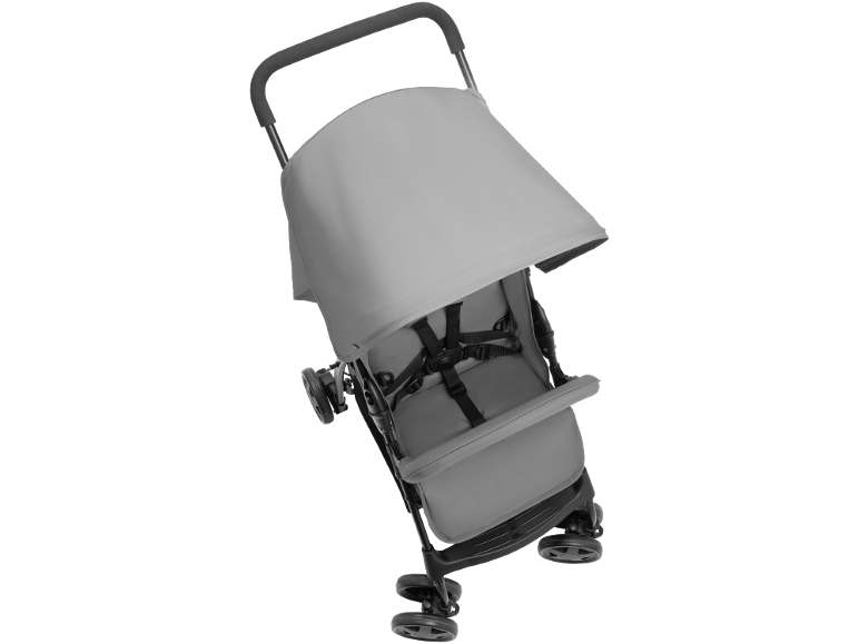 Grey baby stroller with a canopy and safety harness.
