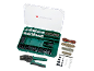 A crimping tool set with various connectors, pins, and wires in an organizer box.