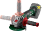 Cordless angle grinder with three handle attachment options.