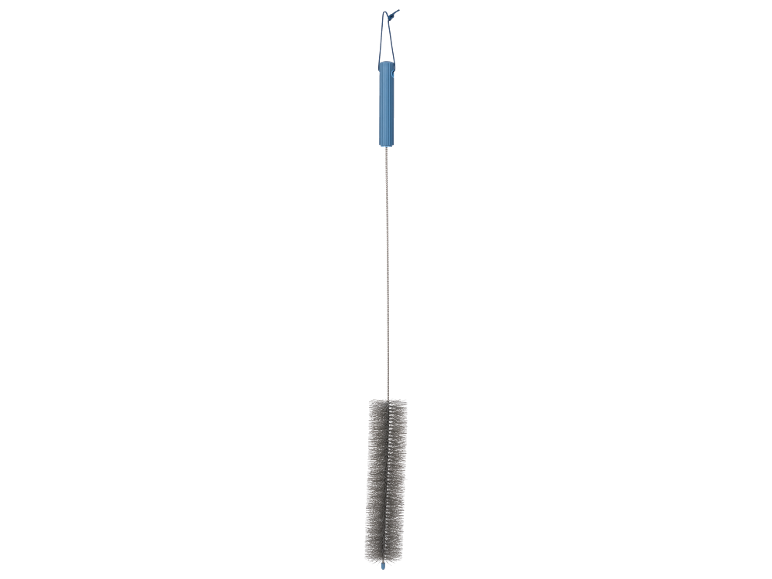 Blue bottle brush with a long handle and gray bristles.