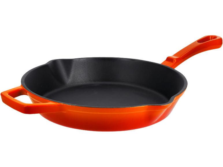 Orange cast iron frying pan with a black interior.