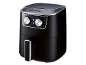 Black air fryer with a digital display and silver control knobs.